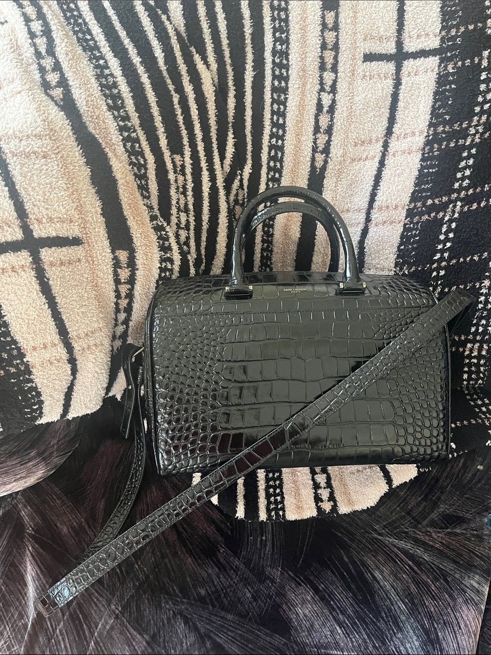 Saint Laurent Black Croc-Embossed Satchel Bag with Detachable Strap